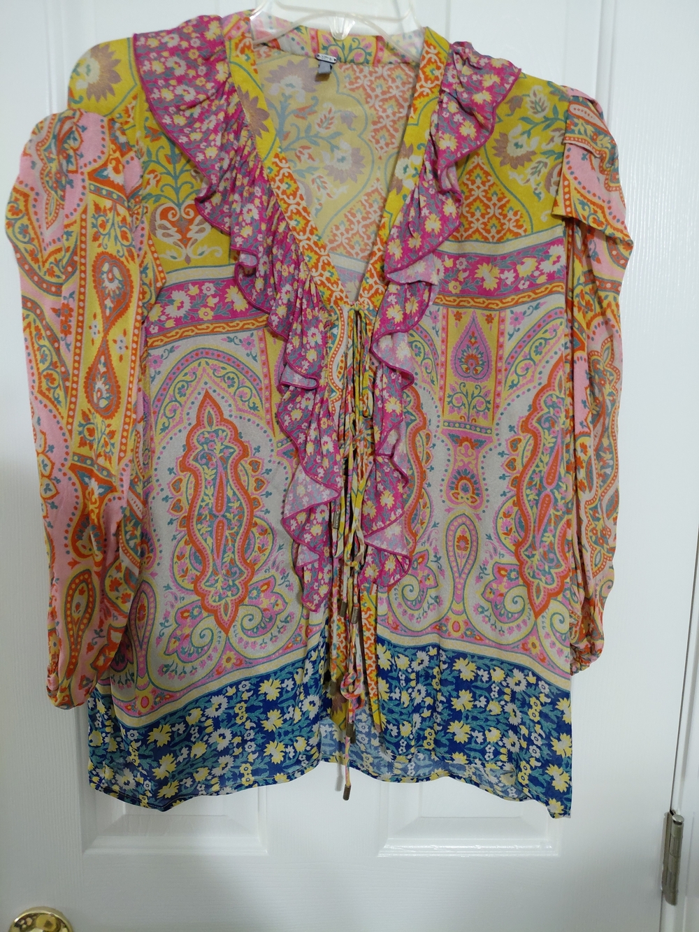 Blink Boho Ruffle-Front Paisley Blouse in Pink & Yellow